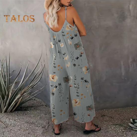 Летний женский комбинезон с регулируемым ремешком на тонких бретельках, без рукавов, с открытой спиной, с широкими штанинами, свободный цветочный принт, глубокая промежность, боковые карманы, плиссированные, для отдыха, пляжа