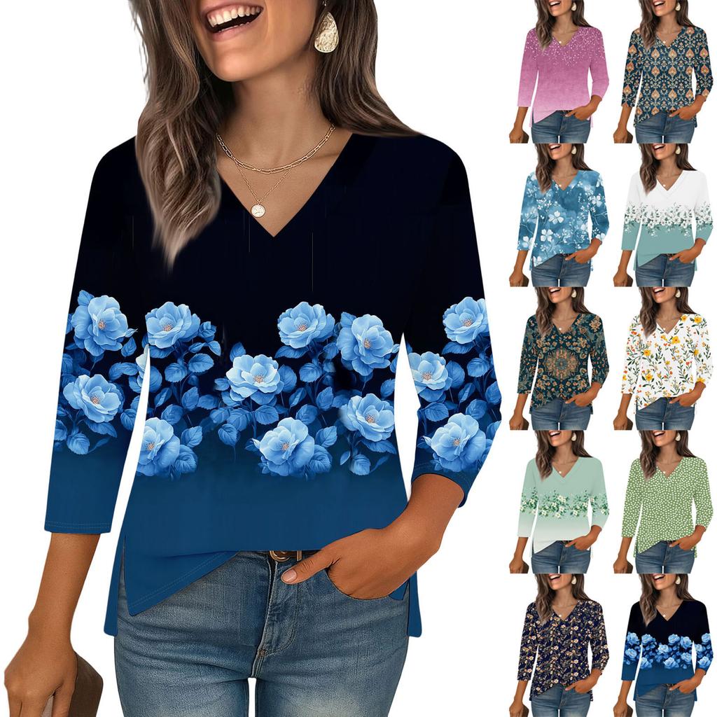 3/4 Sleeve Shirts For Women Print Graphic Tees Blouses Casual Plus Size Basic Tops Pullover