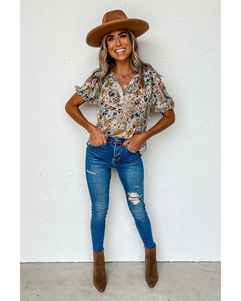 Azura Exchange Разноцветная блузка с V-образным вырезом и цветочным принтом