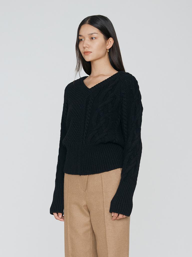 REMPLACEMENT Half & Half Cable V-Neck Knit - Black