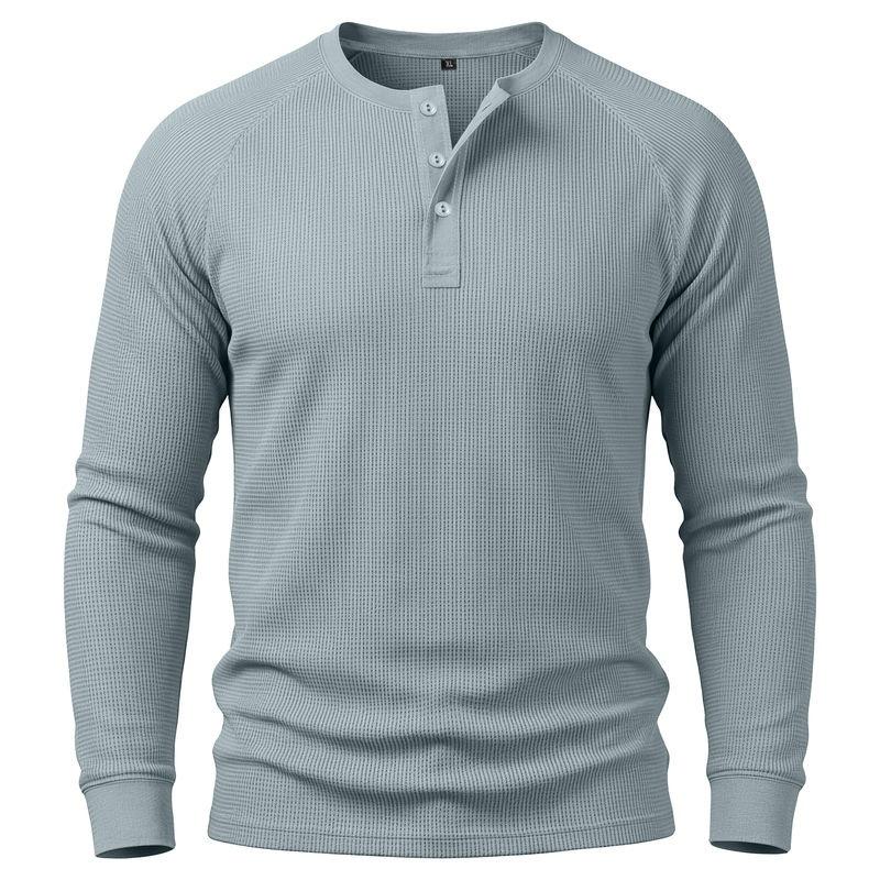 Мужская повседневная футболка-henley с длинным рукавом, однотонная, базовая