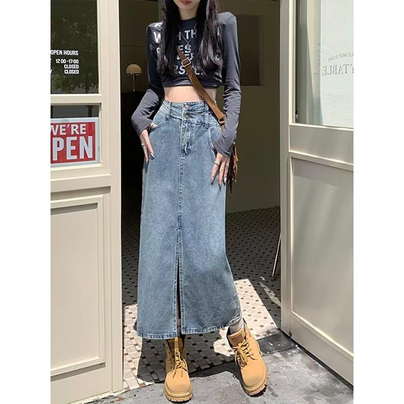 Джинсовая юбка больших размеров с разрезом, юбка до половины тела для женщин, летняя юбка трапециевидной формы средней длины с высокой талией в стиле ретро