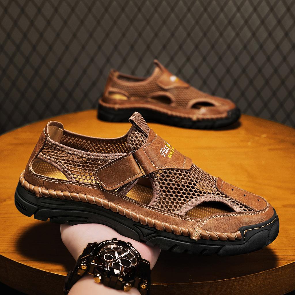 Летняя мужская повседневная обувь Кожаные сандалии Дышащая сетчатая обувь