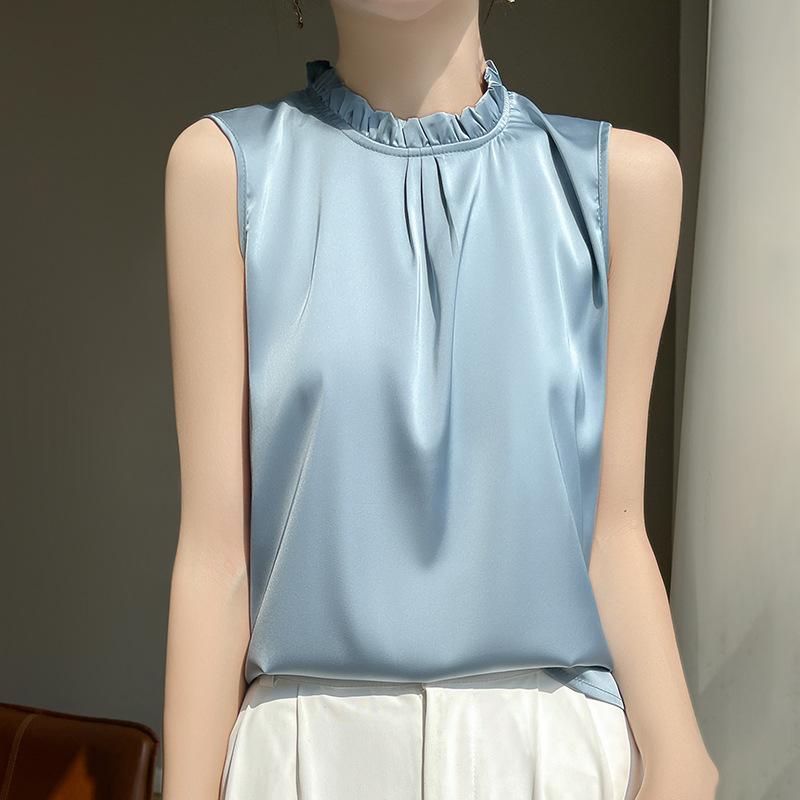 INDFS Women's Fashion Casual Summer Spring Solid Color Print Sleeveless Stand-Neck Blouses & Shirts