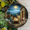 Wooden 1pc Classic Nativity Scene Wall Hanging Sign, Round Manufactured Wood Plaque, Multipurpose Vintage Decor, for Door, Wall, Home, Room, Farmhouse