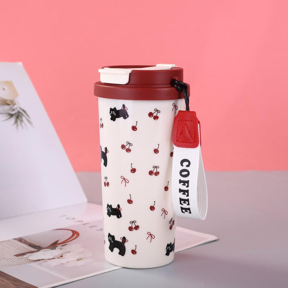 Cartoon Cat Pattern Coffee Cup Leak-Proof Straw Cup Portable Insulated Cup Office