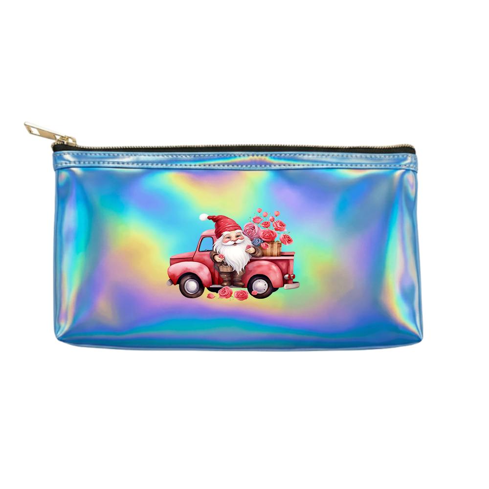 Vintage Red Truck Gnome Flower Print Laser Cosmetic Makeup Bag,Holographic Travel Toiletry Organizer Pouch for Women and Girls