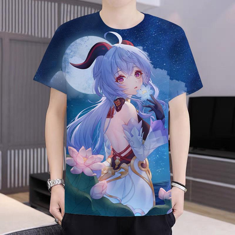 Genshin Impact Ganyu Animation Peripheral Anime Game 3D Print Clothes Summer Round Neck T-shirt Men's and Women's Casual Short Sleeve