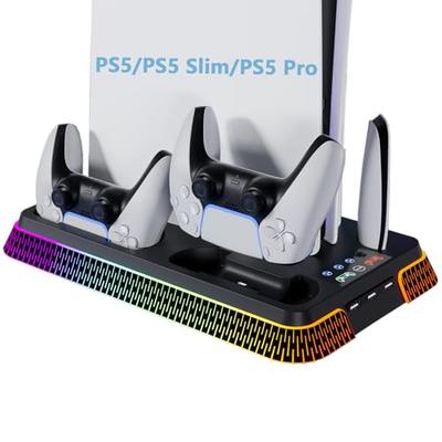 Вертикальная подставка для PS5 Pro/PS5/PS5 Slim [Совместима с новой PS5 Pro/Slim] Зарядная станция для контроллера PS5 с многофункциональным охлаждающим вентилятором, одновременная зарядка
