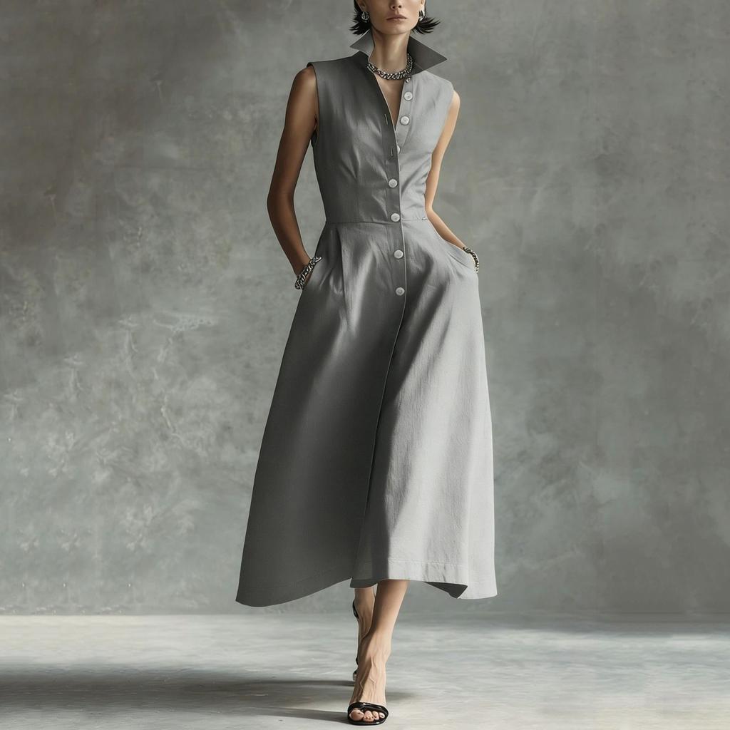 Женское длинное платье-рубашка без рукавов на пуговицах с воротником и расклешенным подолом Элегантное платье-рубашка А-силуэта Летняя одежда