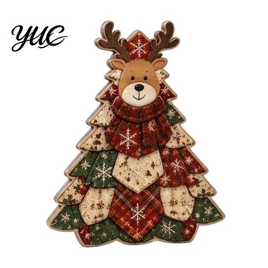 Indoor Holiday Window Ornament Quilted Christmas Tree Wooden Table Sign, 2D Flat Fabric Patchwork Pattern Desktop Vintage Plaid Decor Ornament, Rustic