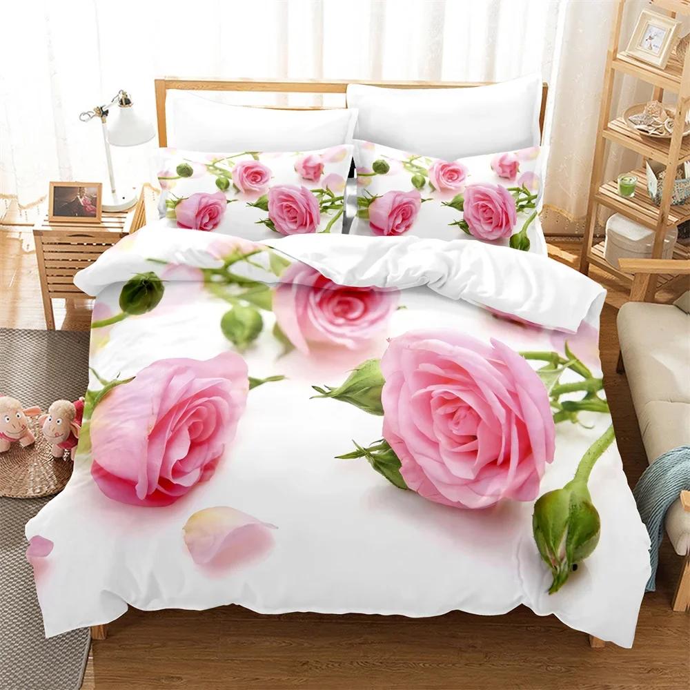 Rose Duvet Cover Set 220X240 for Double Bed Quilt Comforters Cover Pink Floral Bedding Set 3PCS 2PCS Single Beds Queen Full Size