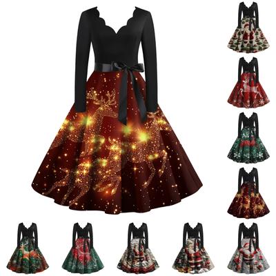 Женское повседневное модное рождественское платье с V-образным вырезом в винтажном стиле