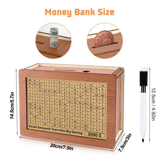 Wooden Money Saving Box Piggy Bank with Customizable Savings Goals Sticker Money Saver for Kids Adults