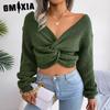 Women's Fashion Casual Solid Color Autumn Winter Long Sleeve V-Neck Slim Knotted Crop Knit Sweater