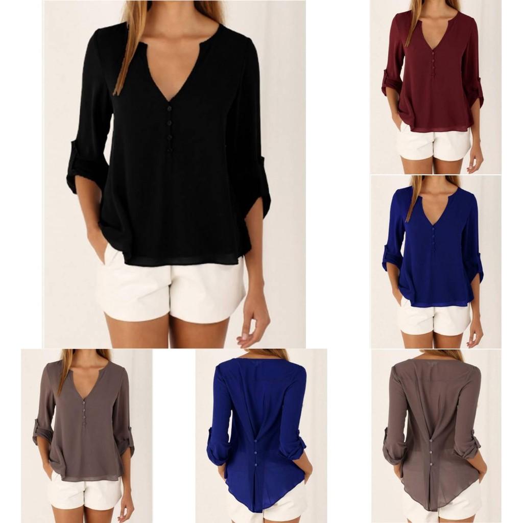 Elegant Women's Long Sleeve V Neck Loose Chiffon Blouse In 11 Stylish Colors And Sizes