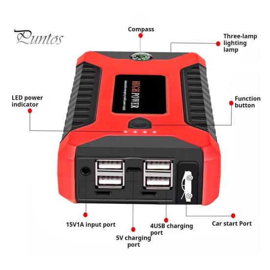 Multifunctional Car Battery Jump Starter with LED Flashlight Easy To Use 12V Portable Power Pack Battery Booster Jump Box