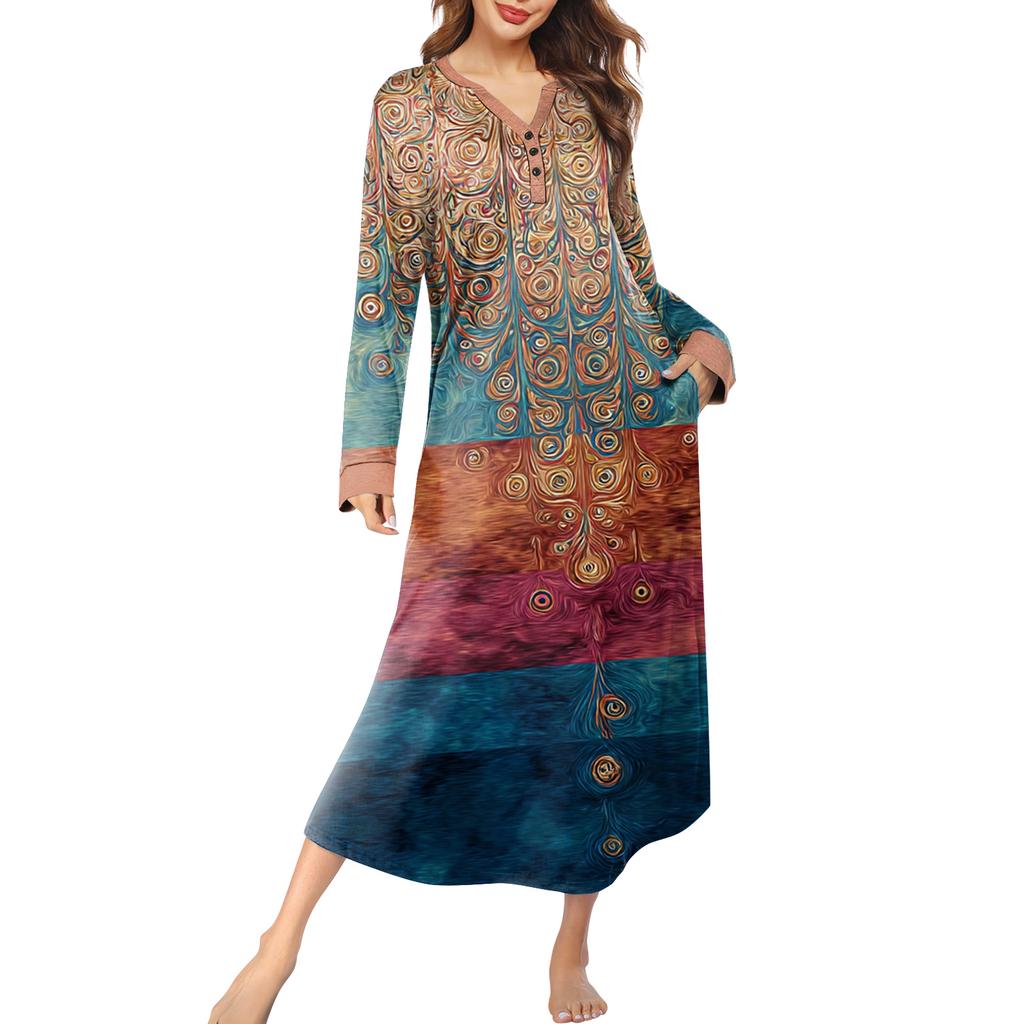Женская ночная сорочка длинная домашняя одежда с V-образным вырезом и карманами