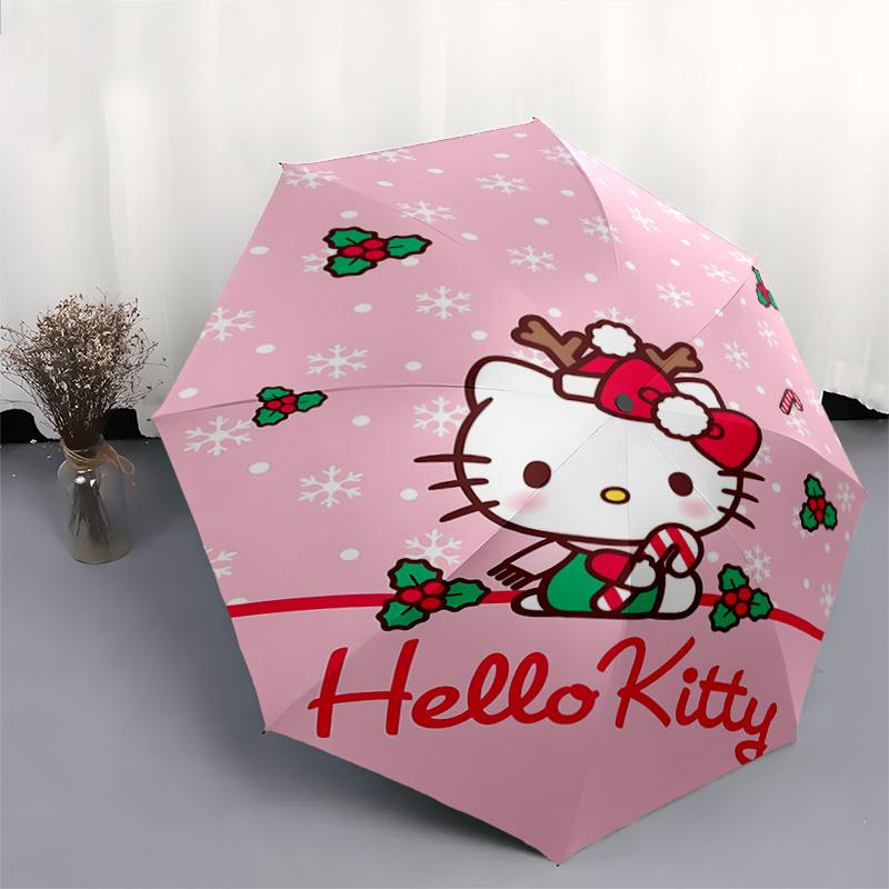 1pc Hello Kitty Christmas Automatic Open/Closed Umbrella, Portable Three-Fold Design with 8-Bone Iron Frame for Outdoor Use, Perfect Gift for Fans, Tr