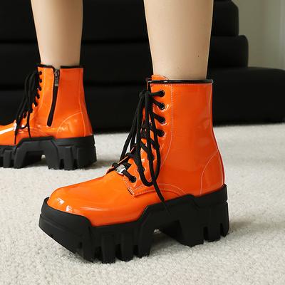 Ботильоны на толстой резиновой подошве и каблуке-губке большого размера из лакированной патентной кожи на шнуровке и молнии, увеличивающие рост, женские ботинки