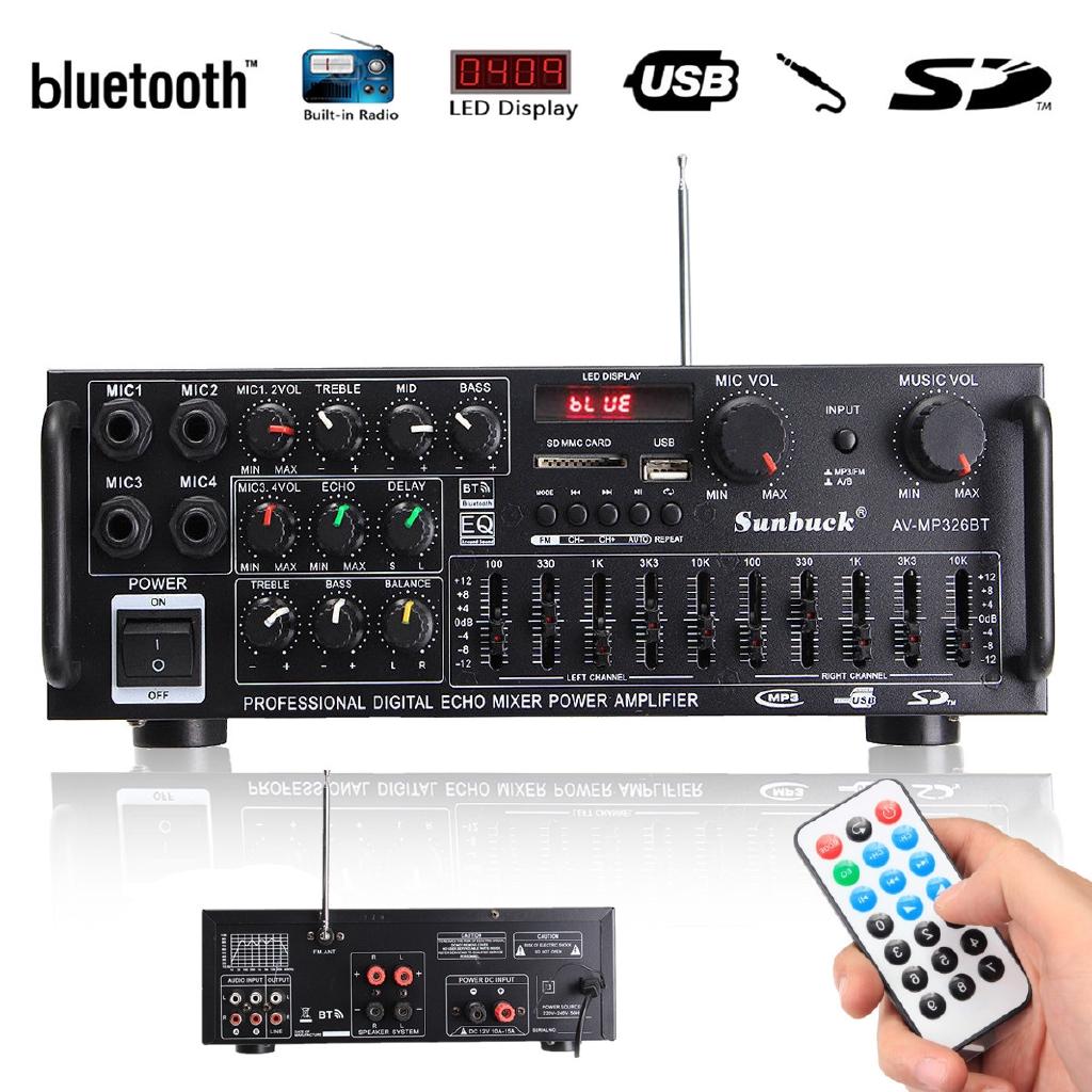 2000 Вт Bluetooth 2,0-канальный аудио усилитель Hi-Fi 326BT 12 В/220 В AV-усилитель динамик с пультом дистанционного управления для дома в автомобиле