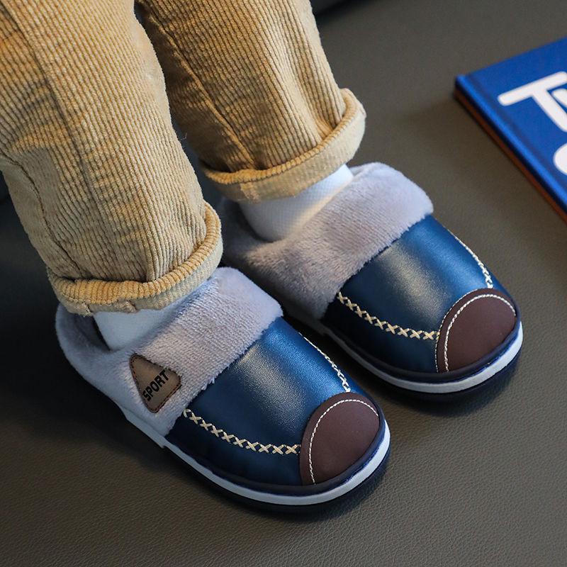 Водонепроницаемые Нескользящие Зимние Теплые Хлопковые Тапочки с Бархатом и Искусственной Кожей для Мужчин, Женщин и Детей