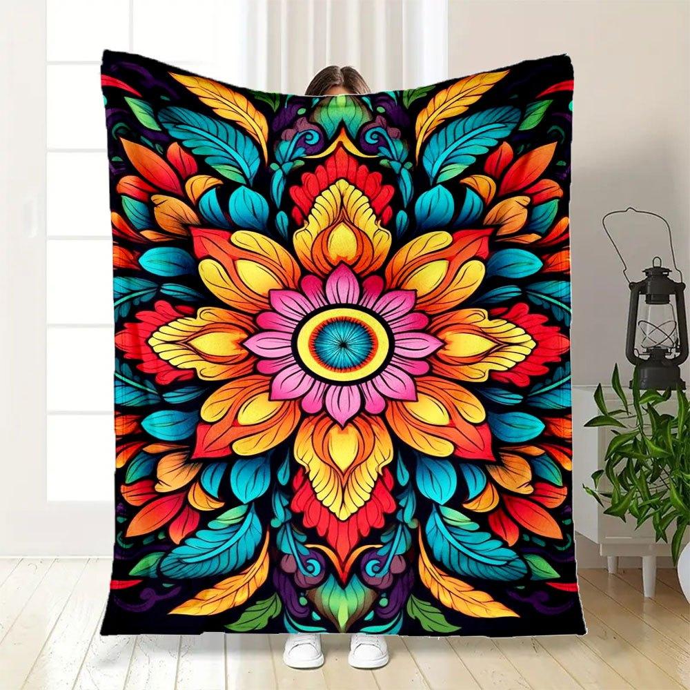 "Vibrant Mandala Art Print: Colorful Floral Design for Home Decor"Blanket Flannel Throw Blanket for Sofa, Bed, Travel, Camping, Office, Couc