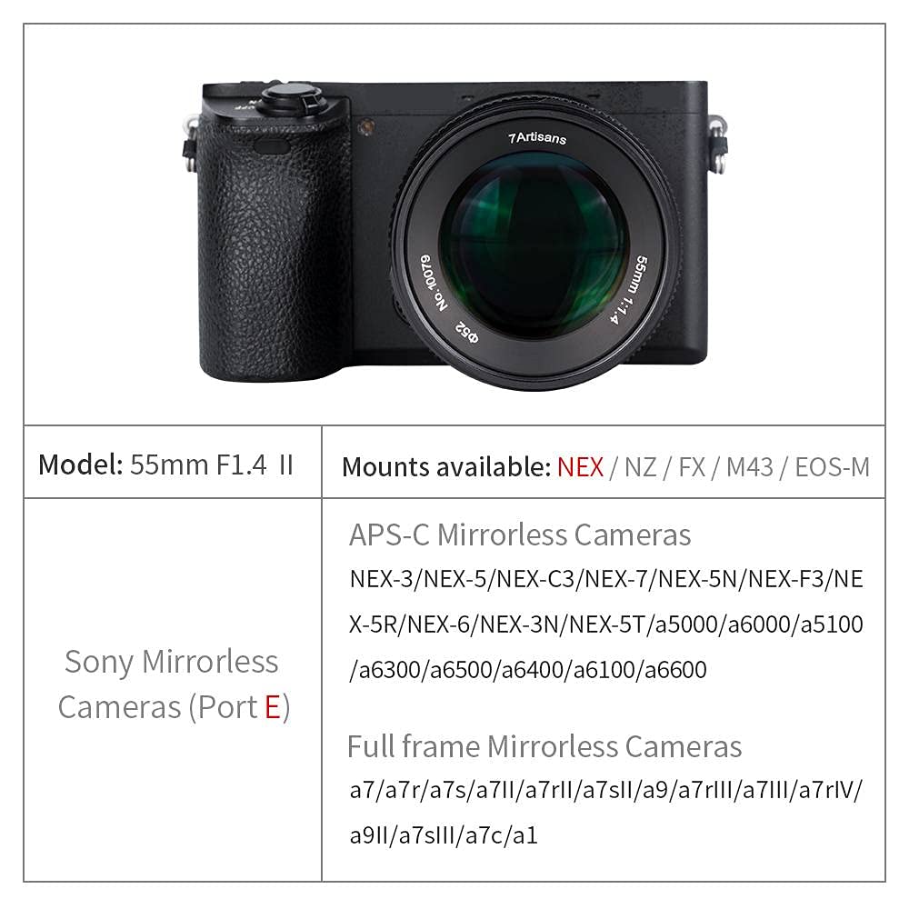 7artisans 55mm Mark II Manual Focus Lens for Sony Mirrorless Including the and F1.4 APS-C E-Mount Cameras, NEX-6, NEX-7, A3000, A5000, A5100, A6000,