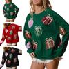 Women Christmas Sweatshirt Sequin Gift Box Pattern Colorful Round Neck Long Sleeve Loose Mid Length Pullover Party Holiday Top