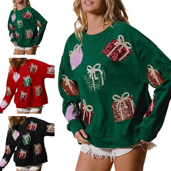 Women Christmas Sweatshirt Sequin Gift Box Pattern Colorful Round Neck Long Sleeve Loose Mid Length Pullover Party Holiday Top