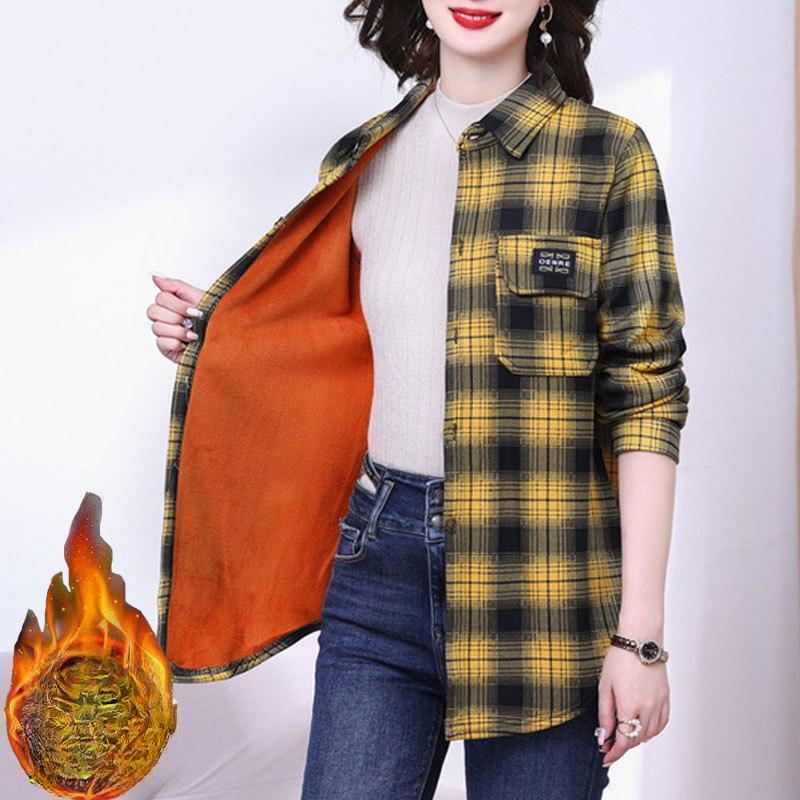 Женская рубашка с длинными рукавами из бархата осень-зима плюс, блузка, клетчатая рубашка