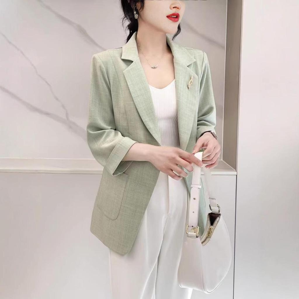 Женский розовый повседневный блейзер 2025 - Летний тонкий, Высококачественный, Маленький размер, Рукав семь восьмых