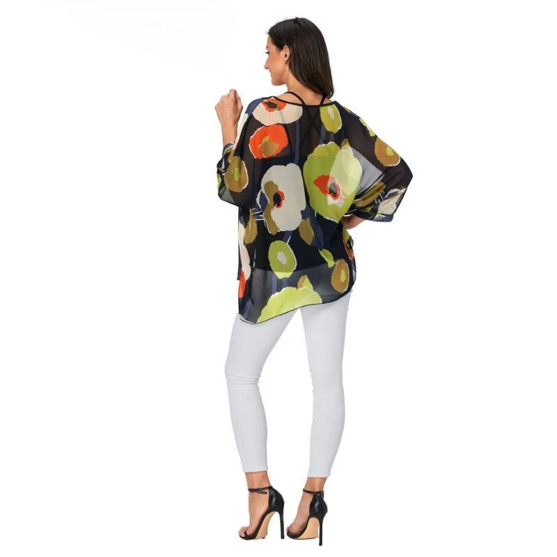 Женская летняя рубашка с цветочным принтом и рукавами «летучая мышь», шифоновое пончо, повседневная свободная блузка