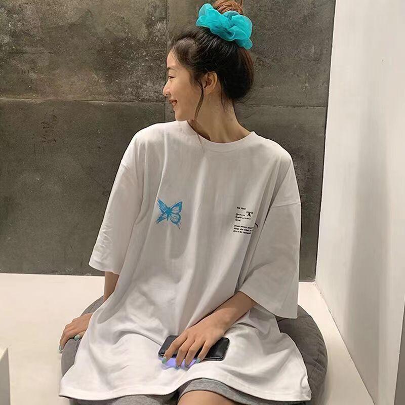 Фиолетовая футболка с принтом бабочки, женская свободная футболка Ins Bf Harajuku, лето 2023, модная повседневная футболка, уличная одежда