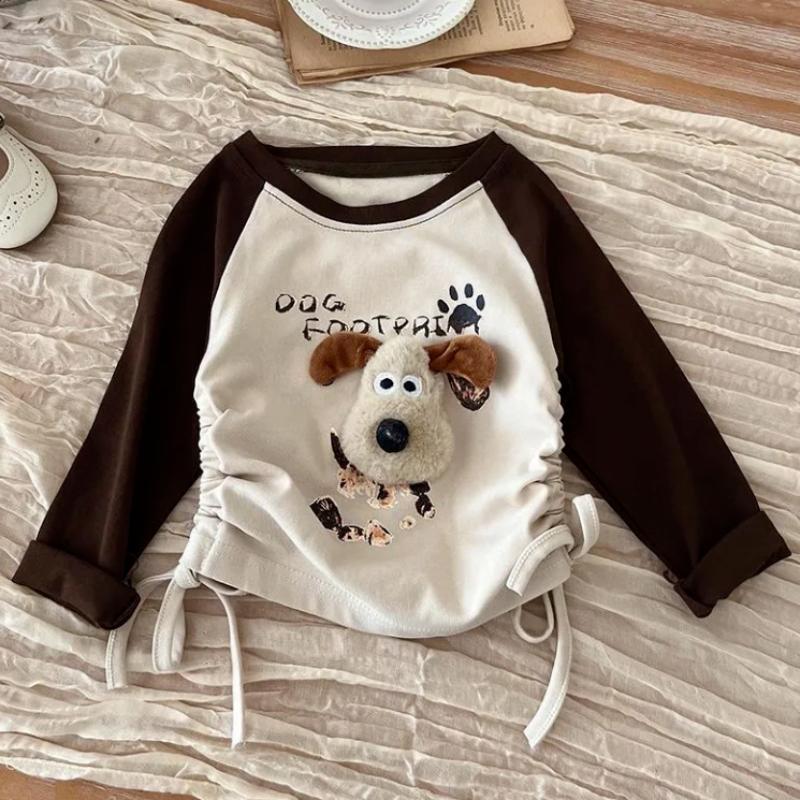 Cute Puppy Cartoon Childlike Kids Long Sleeve T-Shirt 2025 Girls Boys Base Shirt Korean Version Kawaii Spliced Patchwork Tops