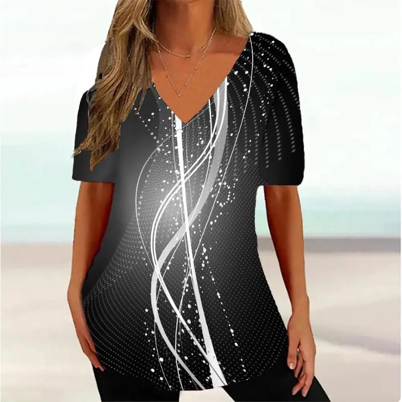 Plus Size Simple Women's T-shirt 3d Wave Curve Tee Fashion V-neck Summer Short Sleeve Loose Streetwear Female Clothes Casual Tshirt Ladies