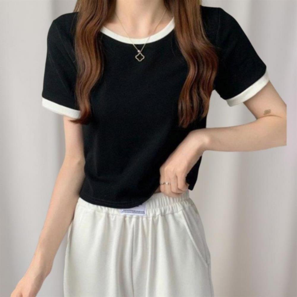 New Arrivals Open Run Women Semi Crop Color Block T shirT