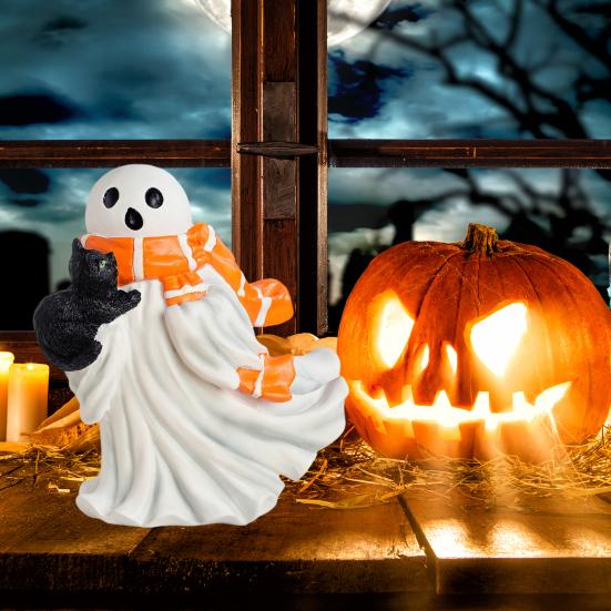 Halloween Ghost Figurine Resin Ghost And Black Cat Statue Desktop Ghost Wearing Scarf Ornament for Mantel Cabinet Shelf