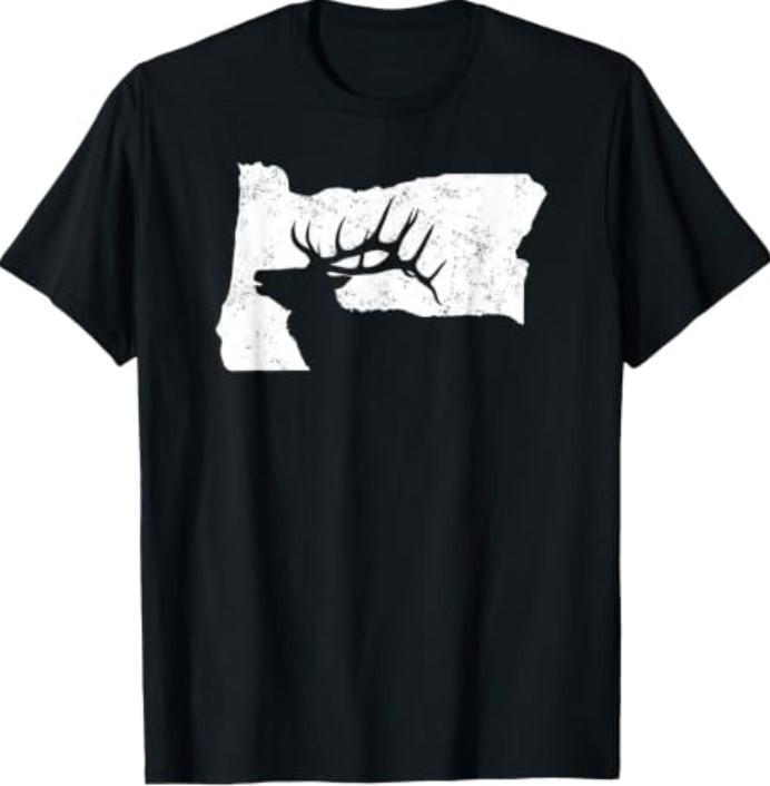 Oregon Elk Hunting Design - Bull Elk State Shape T-Shirt