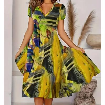 Летняя мода Женское платье с V-образным вырезом и короткими рукавами, в стиле ретро, с принтом, сексуальное, с короткой юбкой