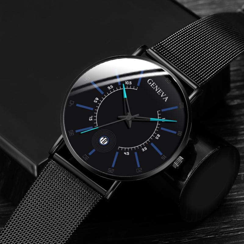 Geneva Mens Watches Balck Ultra Thin Stainless Steel Mesh Band Calendar Quartz Wristwatches Relogio Masculino reloj mujer