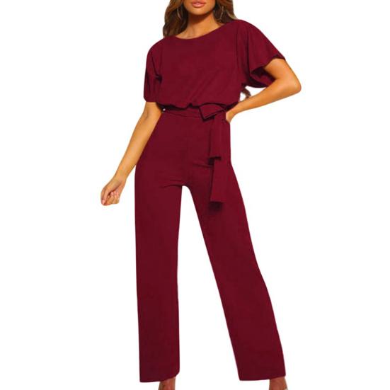 Women Jumpsuit with Lace-up Belt Wide Leg Short Sleeves Pure Color O Neck High Waist Outfit Casual Formal Long Romper Outfit