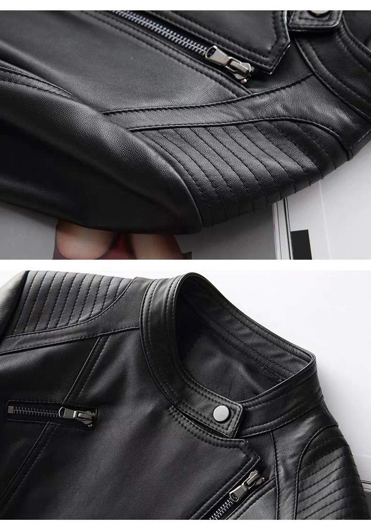 JINLUN Кожаная куртка-косуха со стойкой из ягненка, облегающая, для весеннего дня, женская, большого размера, воротник, кожа, посадка, кожа, черный, подарок маме, (Л, Черный)