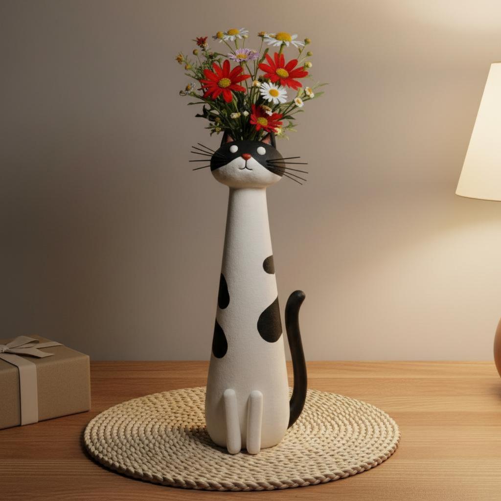 Whimsical Feline Vase Quirky Design Feline Vase Kitty Flower Pot Decorative Accent Resin Sculpture Planter Handmade Look