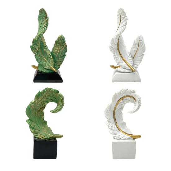 Artistic Feather Statue Modern Green White Feather Shape Resin Figurine Sculpture Home Office Desktop Decoration Ornament