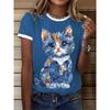 Cartoon Graphic T-Shirt Women's Round Neck  Print Animal Cat Pattern