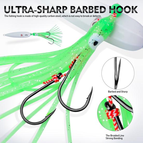 15CM/5.91G Luminous Squid Jig Hook Slow Shaking Glow-in-the-dark Squid Skirt Lure with Weight Sinker Deep Sea Trolling Fishing Bait