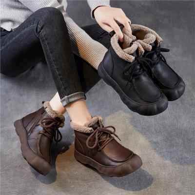 Ретро Натуральная Кожа Плюшевые Теплые Женские Короткие Ботинки Мягкая Подошва Круглый Носок Универсальные Хлопковые Туфли