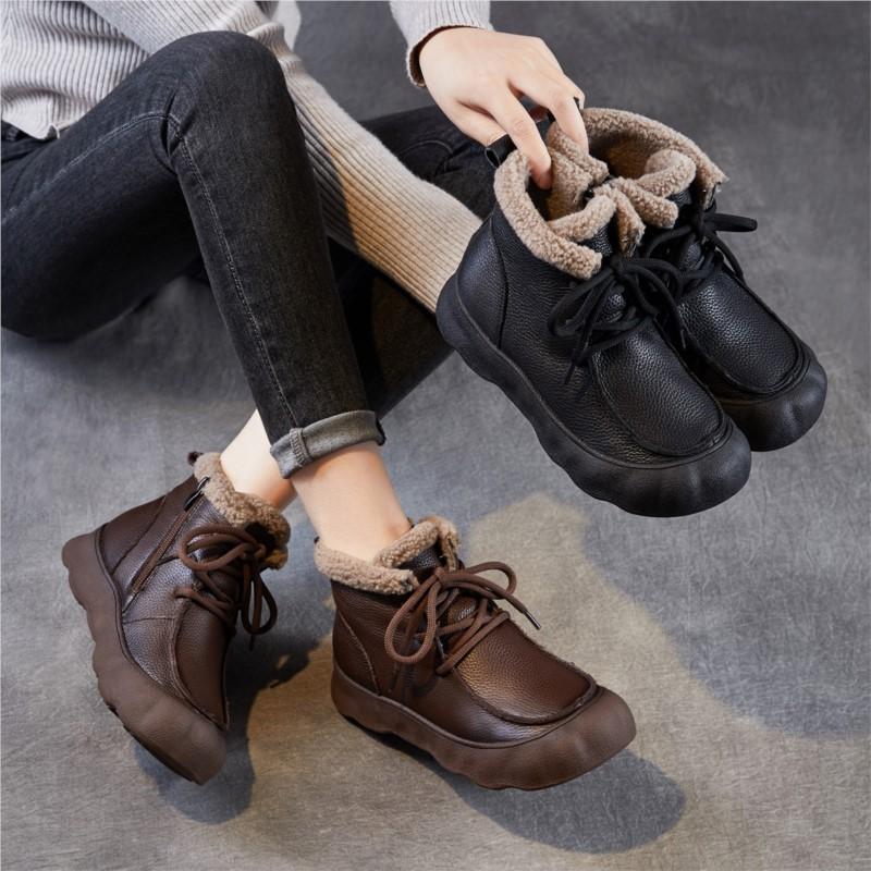 Johnature Retro Genuine Leather Plush Warm Women's Short Boots Soft Soled Round Toe Versatile Cotton Shoes