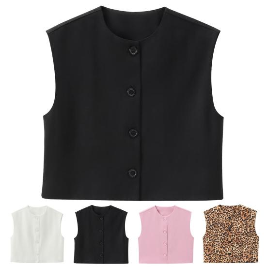 Женский жилет однобортный без рукавов с круглым вырезом, однотонный, с леопардовым принтом, на пуговицах, для поездок на работу, свиданий, повседневный, короткий, повседневный, пальто